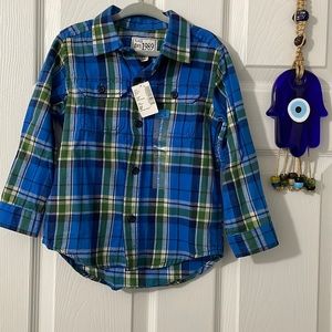 Childrens Place Long Sleeve Button Up Shirt Size 3T Blue & Green Plaid 💙💚 NWT